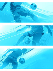 Set of cyan  backgrounds for advertising banner. Soccer ball and soccer player in action pose. Sports competition concept. For sports marketing, poster, graphic, banner, ads. 