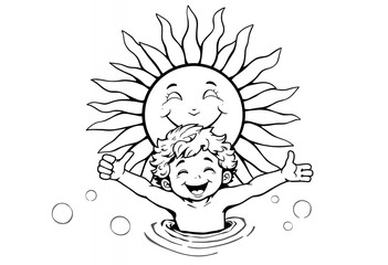 Happy Boy Swimming in the Sun with Bubbles and Water Summer Fun Cartoon Illustration