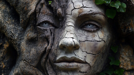 A woman's face is carved into a stone