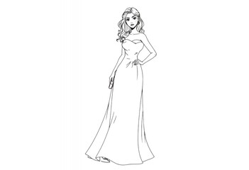 Fototapeta premium Elegant Woman in Long Dress Line Drawing Illustration