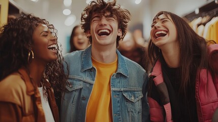 Fototapeta premium Joyful Moments with Friends: A Vibrant Capture of Laughter and Connection in a Fashionable Setting