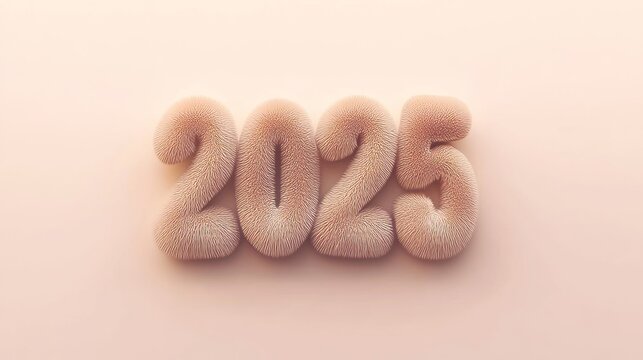 Festive numbers "2025" made of peachy fur on a light pink background. Luxurious Christmas party invitation digital card concept. Furry numbers symbolizing the beginning of a new year.