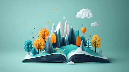 A pop-up book style artwork with 2D flat elements springing into 3D scenes