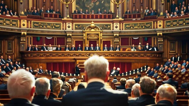 The legislative assembly is in full session, with members debating crucial issues. The grandeur of the hall reflects its historical significance, while discussions are intense and focused.