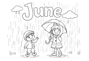 June Rain Coloring Page with Kids and Umbrella