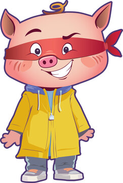 Cute Little Pig standing on two legs, wearing a red bandit mask and a casual raincoat. He is looking at camera grinning.
Isolated vector illustration on white background.