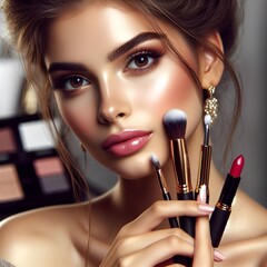 Side view of girl doing makeup by brush isolated on beige background, Beauty procedure watercolor art , Concept of beauty, skincare, makeup