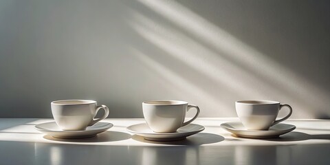 Fototapeta premium A trio of white ceramic teacups, resting on saucers, bathed in the gentle glow of sunlight streaming through a window, creating a minimalist, serene scene.