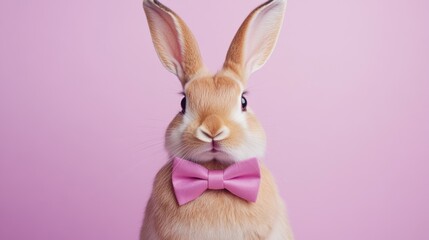 Fototapeta premium Portrait of a rabbit wearing a festive bow tie, light lavender studio backdrop, elegant and playful, bow tie, gentle backdrop, rabbit style, studio photography, copy space 