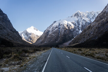 Driving towards mount cook on a scenic road in mount cook national park, new zealand