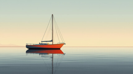 serene sailboat floats on calm waters, reflecting soft hues of sky at dawn. tranquil scene evokes sense of peace and solitude