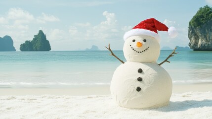 Snowman/sandman made of sand stands on a beach wearing a festive Santa hat. Christmas season in southern hemisphere. Spending new year in tropical countries, seaside setting concept. Holiday retreat.