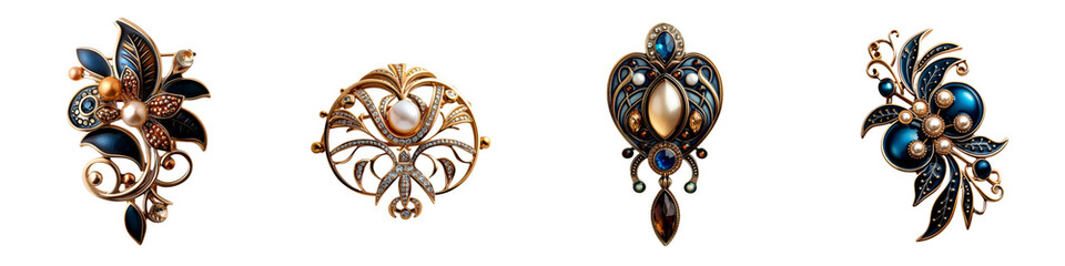 Fototapeta premium A collection of ornate jewelry pieces featuring vibrant gemstones and intricate metalwork, showcasing elegance and craftsmanship.
