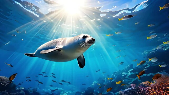 cute pretty fur seal swimming in blue water, sea, ocean, rare sea animals, halichoerus grypus, fish 