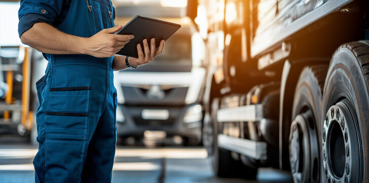 A mechanic with a tablet computer diagnoses the diesel engine of and industrial truck in a garage. Car repair concept in auto repair, Ai