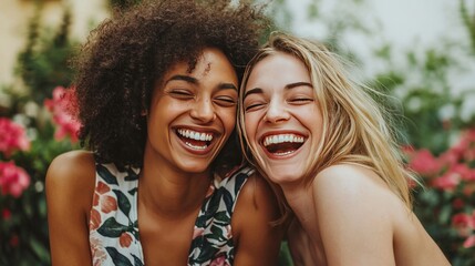 Fototapeta premium Two friends laughing and sharing stories, showing open emotional communication in their relationship