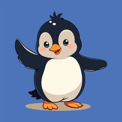 Obraz premium Happy Penguin Waving Hello: A charming illustration of a cheerful penguin waving hello. This adorable cartoon character is perfect for conveying friendliness and joy.