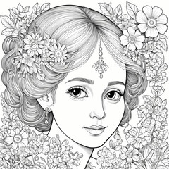 Fototapeta premium Beautiful Elegant Lady with Flowers and Jewels Design Coloring Book Page
