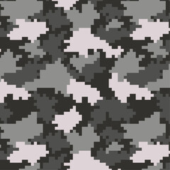 Digital pixel camouflage seamless fabric print pattern. Woodland military textile design. Modern camo uniform for soldiers in the war. Militaristic wallpaper flat vector illustration.