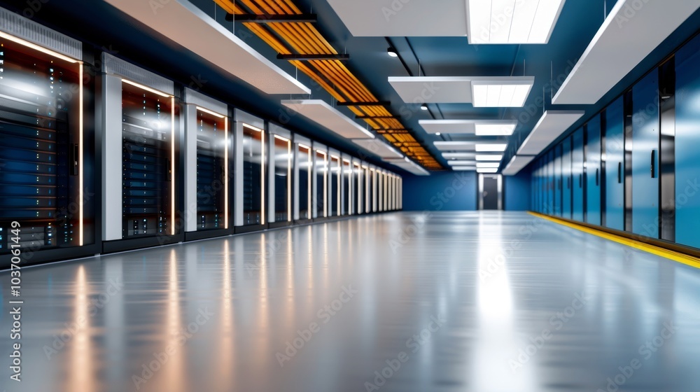 Poster tech haven: panoramic landscape of vast data center with rows of servers and ethereal blue lighting