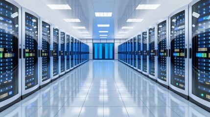 Modern Server Room Infrastructure with Neatly Organized Racks and Cables under Soft White Lighting for Tech-Savvy Environment