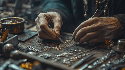 Obraz premium Craftsman working with silver jewelry, meticulously arranging intricate pieces on wooden table. hands show skill and dedication in art of jewelry making