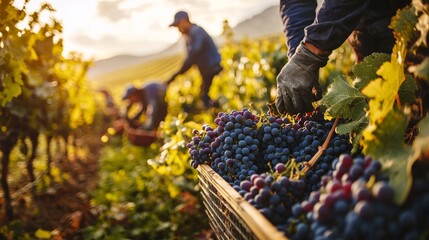 Workers harvesting grapes in a vineyard, representing the seasonal nature of agricultural labor