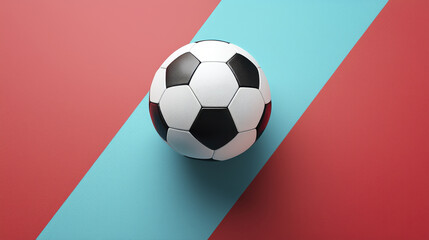 classic black and white soccer ball rests on vibrant red and blue background, creating striking visual contrast that captures essence of sports and playfulness