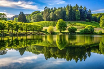Fototapeta premium A serene lake reflecting the beauty of a vineyard with tall trees and greenery, trees, lake