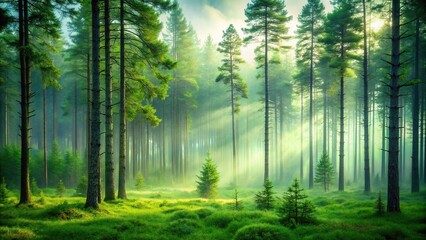Obraz premium A serene forest landscape with tall trees and a misty atmosphere on a green background, foliage, tall trees, foliage arrangement
