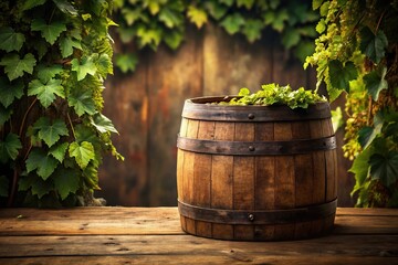 Ancient wine barrel with a worn wooden surface and vines growing around it, vineyard, natural