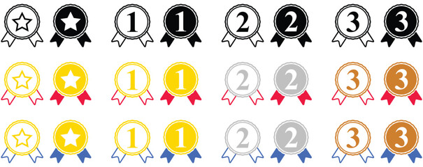 Obraz premium Medals icon set. Gold Silver Bronze and Star medal set with colorful Ribbon. Editable Awards Stroke Line and Fill Icons. Achievement symbol. Award logo.