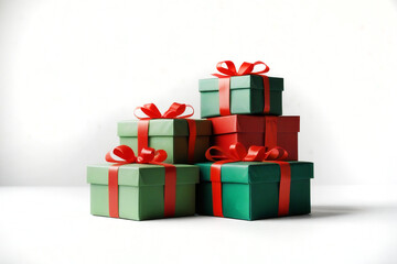Obraz premium Stack of green and red gift boxes tied with festive ribbons on white background
