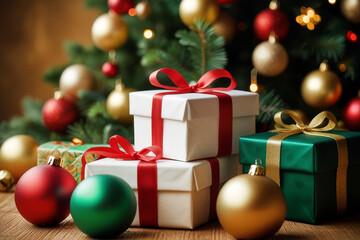 Christmas gift boxes wrapped in red and green ribbons lying under a decorated tree