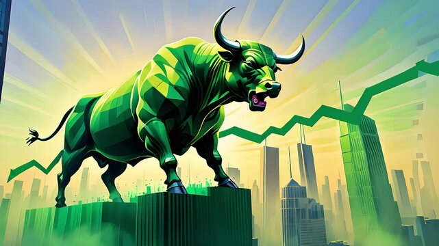 green roaring bull in the city, bull market cycle, bull run, stock and economy growth, cryptocurrency investment, business, up arrow on chart, rate, forecast, bullish trend, town, buildings 