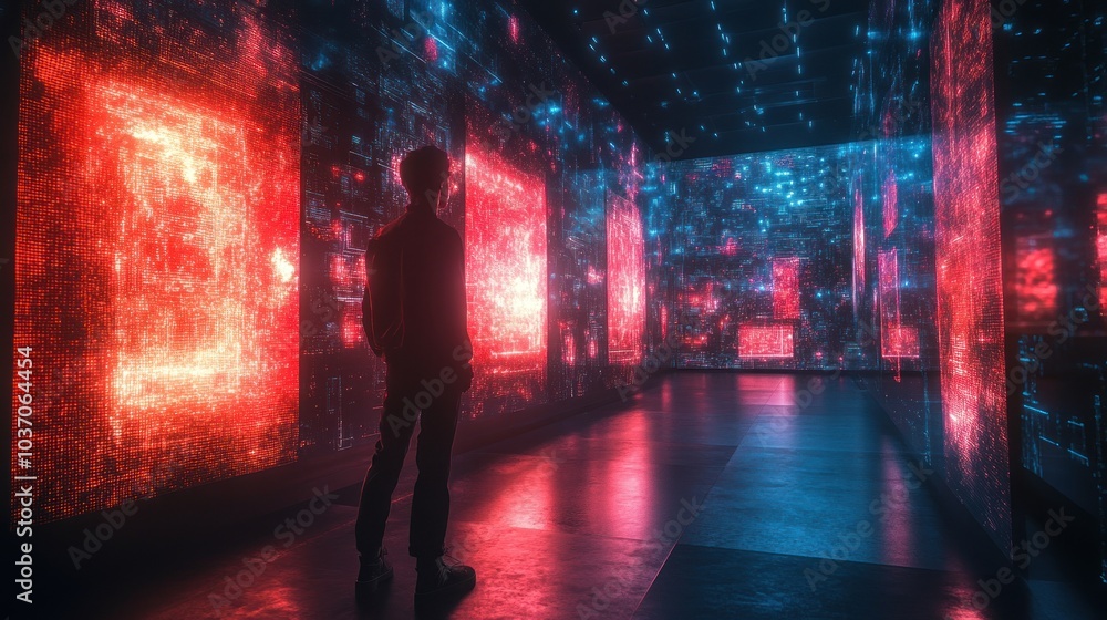 Poster a man stands in a futuristic room with glowing digital screens. the screens display abstract pattern