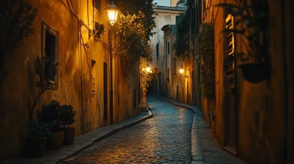 Fototapeta premium Charming Illuminated Cobblestone Alleyway at Night: A Serene Stroll Through a Historic Town's Narrow Pathways, Surrounded by Rustic Architecture and Soft Glow of Lanterns.