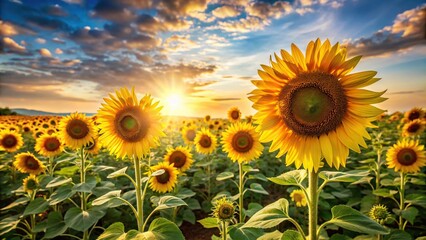 Fototapeta premium A field of tall sunflowers stretching towards the sky in a warm sunlight setting, greenery, sunflowers, background