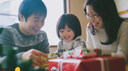 Happy Japanese family of three unwrapping Christmas presents. Family spending quality time together on a New year's eve. Warm and inviting atmosphere. Traditional celebration. Holiday in Japan.