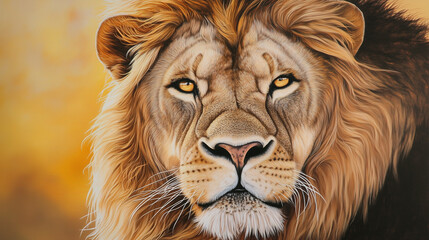 Front-Facing Lion Portrait with Intense Stare and Majestic Mane on Golden Hue