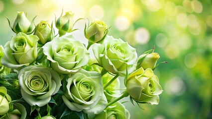 A cluster of fresh green rose stems with leaves and flowers in full bloom, blooms, flowers