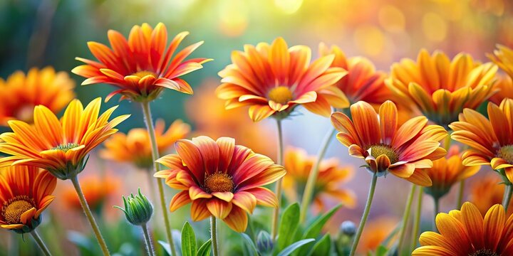 A cluster of vibrant orange and yellow sprint flowers swaying in the breeze, sunflower family, daisy family, daisy like flowers