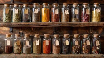 Elegant glass jars filled with colorful, layered spices and grains, each labeled with handwritten tags, arranged on a rustic wooden shelf for a homey touch