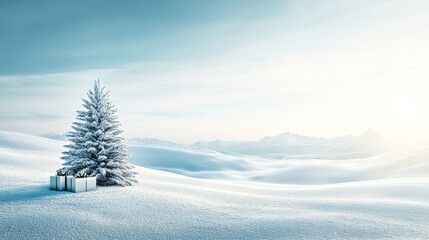 Serene snowy winter scene background with a small Christmas tree with white new year gifts. Empty space for a title/text. Intro for a Christmas celebration video template with animated snowfall.