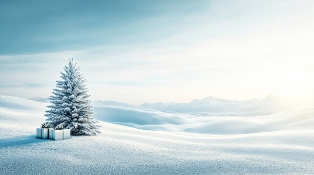 Serene snowy winter scene background with a small Christmas tree with white new year gifts. Empty space for a title/text. Intro for a Christmas celebration video template with animated snowfall.