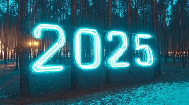 Bright blue neon luminous numbers "2025" dynamic motion graphics in mysterious woods. Forest holiday background. New Year digital animation. Christmas design symbolizing the beginning of a new year.