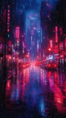 dark alley in a cyberpunk city illuminated by neon lights creating a moody atmosphere with rainsoaked surfaces reflecting vibrant colors