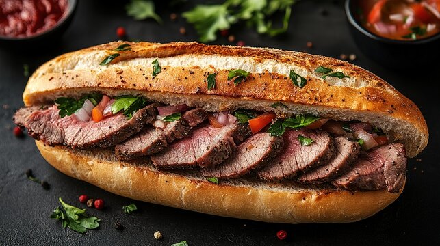 roast beef sandwich Inside a baguette, With slices of Rossbeef. Tendir doner with on the table
