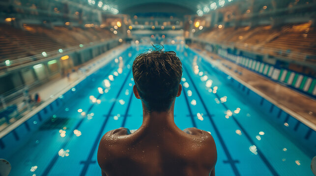 A professional swimmer is prepared to jump into a pool.