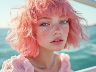 Fototapeta premium Pink-Haired Female with Red Dot Tattoo
